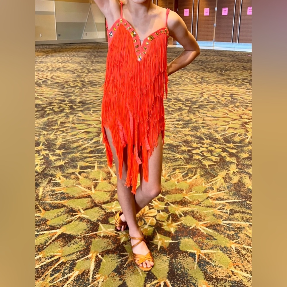 Stunning Girls Ballroom Dance Costume Orange Fringe Dress with Gem Accents